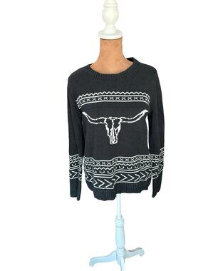 Cotton & Rye Outfitters Womens S Longhorn Skull Sweater Black White Western